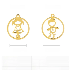 Detail view of 19mm laser cut stainless steel charms with boy and girl hollow figures