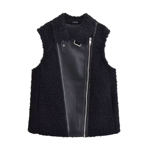 Chaleco para Mujer Estilo Moto Lana de Cordero Sintética Empalmado Cuero PU Chaqueta Sin Mangas Cremallera Asimétrica