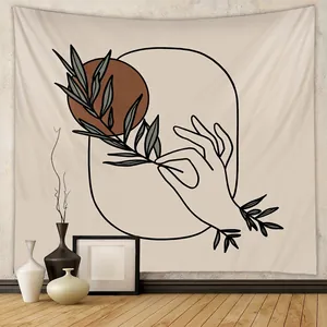 Abstract Line Art Tapestry Polyester Minimalist Hand And Leaf Wall Hanging For Living Room Bedroom Decor Bohemian Style