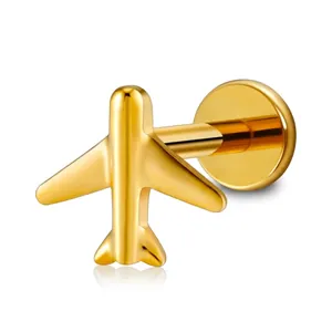 Polished G23 titanium airplane labret stud earring with gold finish and flat back