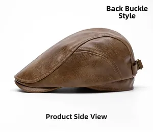 Detail of brown litchi leather flat cap with adjustable metal back buckle and side view