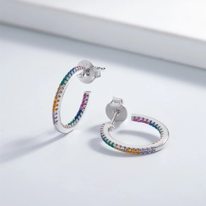 Classic 925 sterling silver C-shaped hoop earrings with colorful rainbow zircons