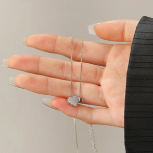 Elegant silver necklace with sparkling full diamond heart pendant for women