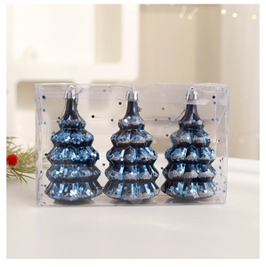 Three-piece set of dark blue Christmas tree ornaments with sequins in a clear gift box