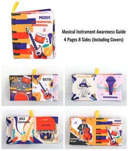 Detail view of musical instrument baby cloth book with piano, drums and guitar pages