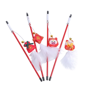 Set of 4 festive Chinese New Year cat teaser sticks with red charms and feathers