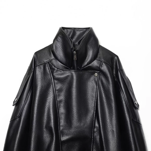 Black moto faux leather jacket with high collar and buckle shoulder epaulets for women