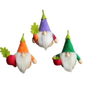Three vegetable gnome plush toys with carrot, beet and tomato ornaments in set