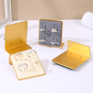 L-shaped metal ring display stand with 4 slots and grey velvet lining for jewelry shops