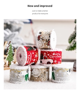 Close-up of Christmas fabric ribbons with snowy edges, trees, and snowman patterns