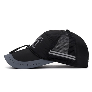Outdoor breathable fishing cap with extra long brim and adjustable reflective cord detail