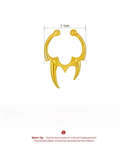 Detailed view of golden Loki horn faux nose ring with dimensions and material specs