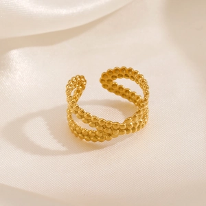 Elegant 18K gold plated double layer beaded open ring on luxurious white silk background