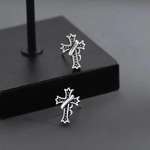 Vintage 925 sterling silver cross stud earring with retro oxidized finish for men