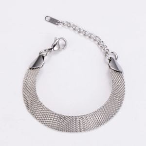 Close-up of 10mm stainless steel mesh bracelet with adjustable extender and lobster clasp