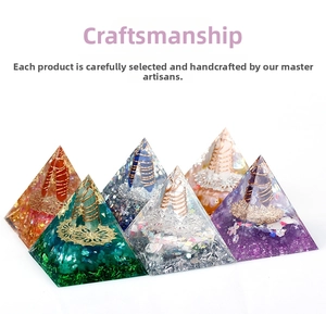 Detailed set of five organic energy pyramids with crystal stones and metal copper coils