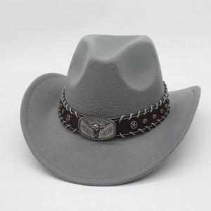 Detail of grey felt cowboy hat featuring a bull head metal buckle and star stud leather band