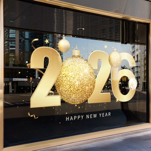 2026 Happy New Year Adesivi Finestra Natale Elettrostatici Oro Doppia Faccia PVC Rimovibili Per Vetro Negozio Casa