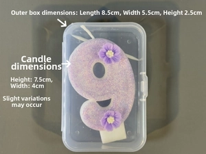 Glitter purple number 9 birthday candle with small flowers in transparent packaging