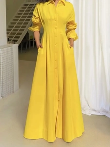 Elegant bright yellow long sleeve button-down maxi shirt dress with gathered waist
