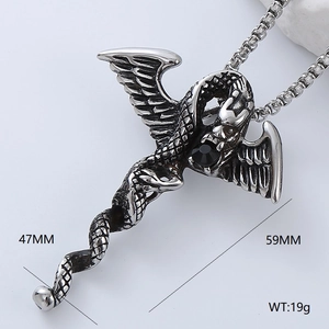 Macro detail of gothic 304 stainless steel cross pendant with snake and black gemstone
