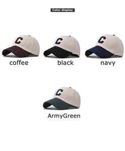Detailed color display of four cotton baseball caps with embroidered C logo in ivory and navy