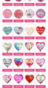 Detail view of various 18-inch heart and round foil balloons for Mother's Day party decor