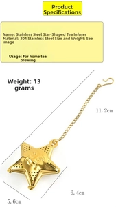 Detail of star-shaped stainless steel tea infuser with mesh filter and dimensions