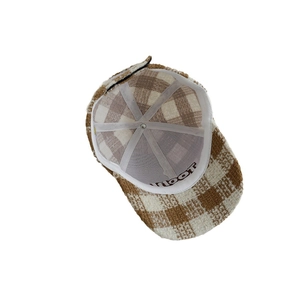 Brown and white plaid tweed baseball cap for boys featuring an adjustable strap back
