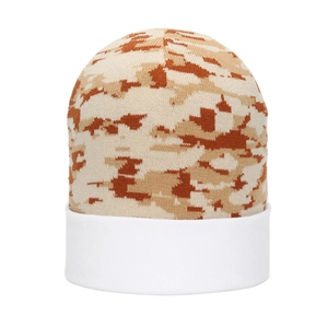 Detailed close-up showing the desert camouflage knit texture and white folded cuff of the hat