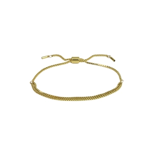 Detail view of 18k gold plated brass box chain bracelet with adjustable slider clasp