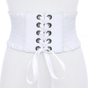 White wide lace-up corset belt with bow tie detail on a white female mannequin