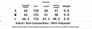 Detailed size chart for retro loose knit sweater including shoulder and chest dimensions