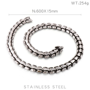 Silver stainless steel dragon bone chain necklace detail with 600x15mm size and 254g weight