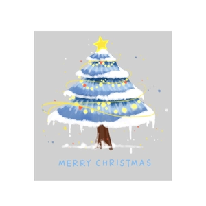 Blue watercolor Christmas tree static window sticker with yellow stars and Merry Christmas text