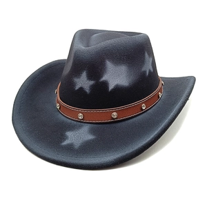 Detail of grey felt cowboy hat with star patterns and studded leather hatband