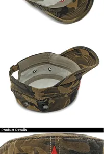 Detail van de camouflagepet met rode sterborduurwerk en metalen ventilatiegaten