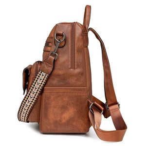 Vintage faux leather backpack with colorful woven strap and multi-pocket side view