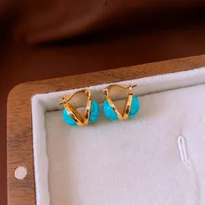 Vintage Round Turquoise Blue Resin Ball Ear Buckle Earrings Gold Plated Copper Geometric Retro Style For Women