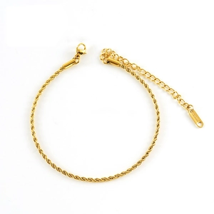 Golden 2mm twisted rope anklet in stainless steel with lobster clasp on white background