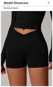 Detail der High-Waist-Yoga-Shorts mit Überkreuz-Bund und langärmligem Crop-Top in Premium-Schwarz