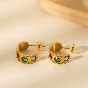 18K gold plated C-shaped stainless steel earrings with colorful zircon stones set in gold