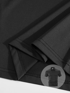 Detail of black breathable mesh polo shirt showing high-quality double stitching and fabric