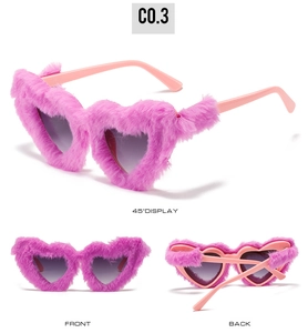 Three views of pink fuzzy heart sunglasses showing plush texture and gradient lenses