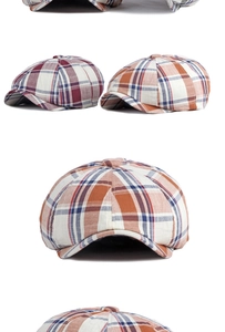 Detailed views of checkered newsboy hat in orange and blue with cotton-linen texture