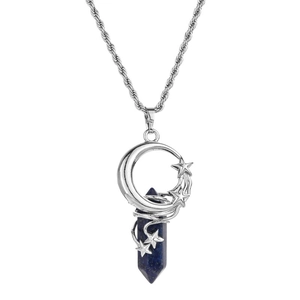 Silver crescent moon and star necklace with a dark blue hexagonal crystal pendant