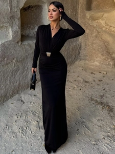 Women V Neck Long Sleeve Maxi Dress Bodycon Ruched Waist With Metal Buckle Side Slit Evening Party Sexy Slim Fit