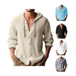 Detail of linen hooded shirt showing multiple color options and fabric texture