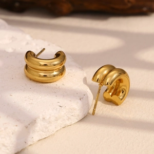 Boucles d'oreilles minimalistes double couche en acier inoxydable plaqué or 18K