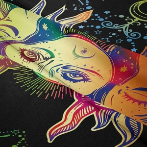 Bohemian sun and moon tapestry with celestial star patterns in colorful rainbow gradient